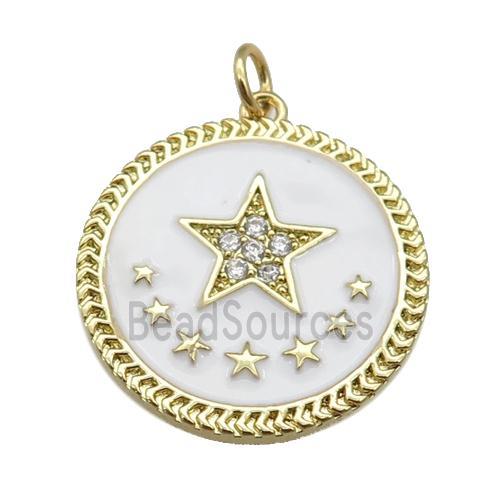 copper circle pendant with white enamel, star, gold plated