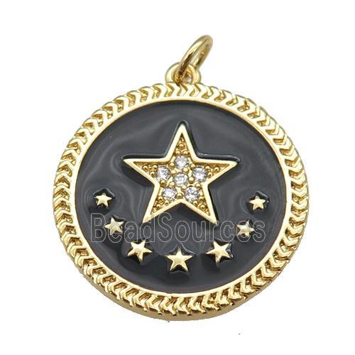 copper circle pendant with black enamel, star, gold plated