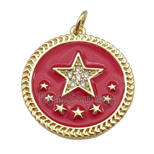 copper circle pendant with red enamel, star, gold plated