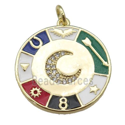 copper Circle Astrology pendant paved zircon with enamel, moon, gold plated