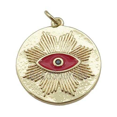 copper circle pendant with red enamel eye, gold plated