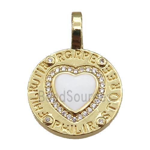 copper circle pendant paved zircon with white enamel heart, gold plated