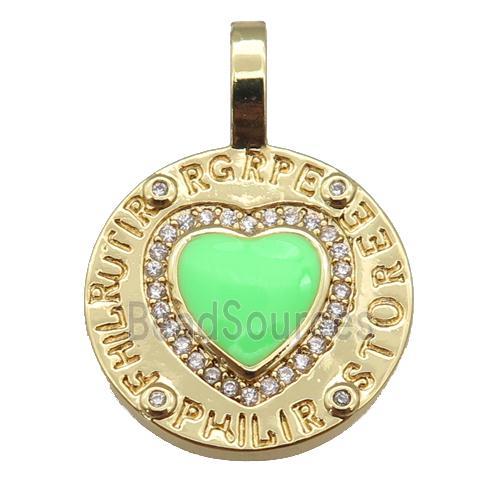 copper circle pendant paved zircon with green enamel heart, gold plated