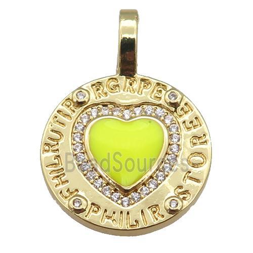 copper circle pendant paved zircon with yellow enamel heart, gold plated