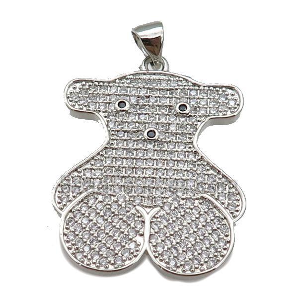 copper Bear pendant paved zircon, platinum plated