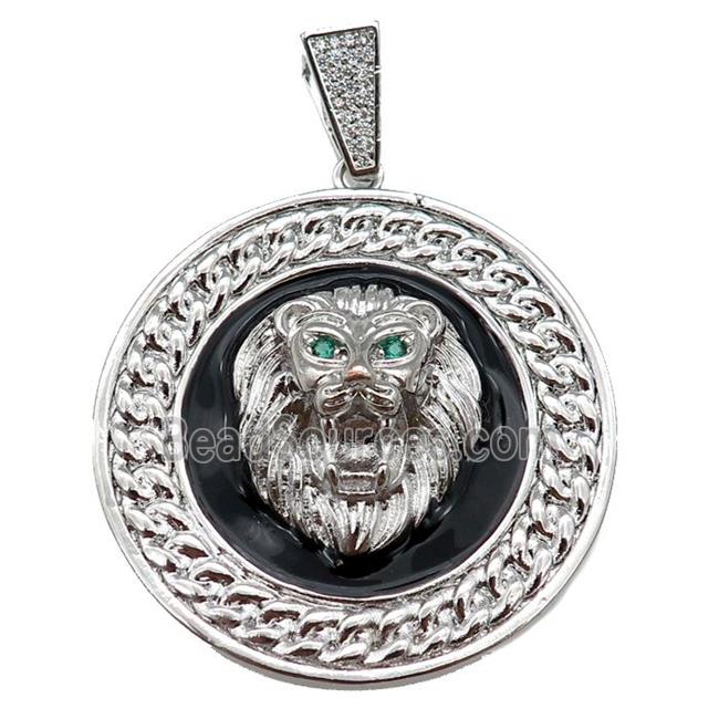 Copper Lion Pendant Black Enamel Circle Platinum Plated