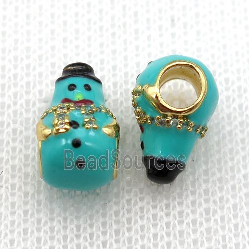 copper Christmas Snowman beads with green enamel, large hole, gold plated