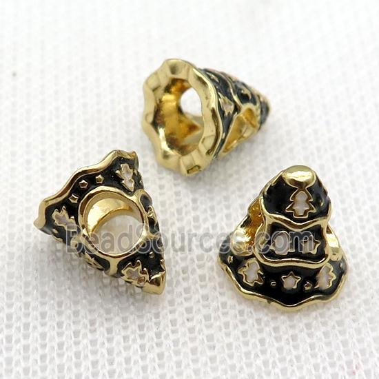 copper Christmas Tree beads with black enamel, large hole, gold plated