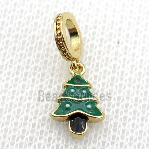 copper Christmas Tree pendant with green enamel, large hole, gold plated