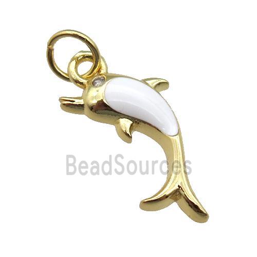 copper Dolphin pendant with white enamel, gold plated