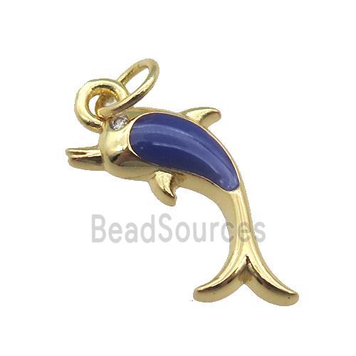 copper Dolphin pendant with navyblue enamel, gold plated