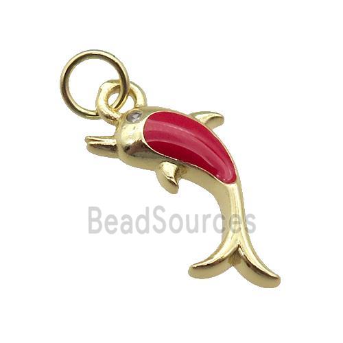 copper Dolphin pendant with red enamel, gold plated