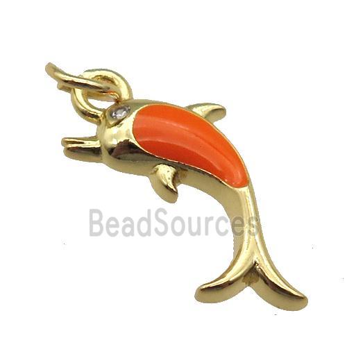 copper Dolphin pendant with orange enamel, gold plated