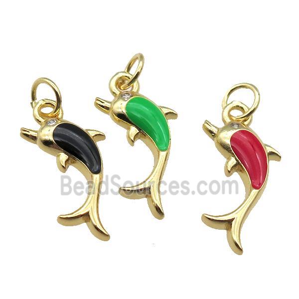 copper Dolphin pendant with enamel, gold plated, mixed