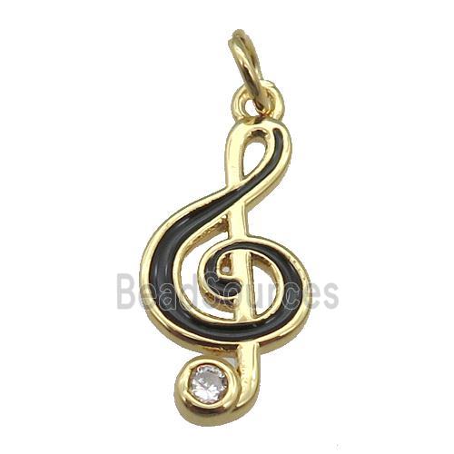 copper Treble Clef Musical Note pendant with black enamel, gold plated