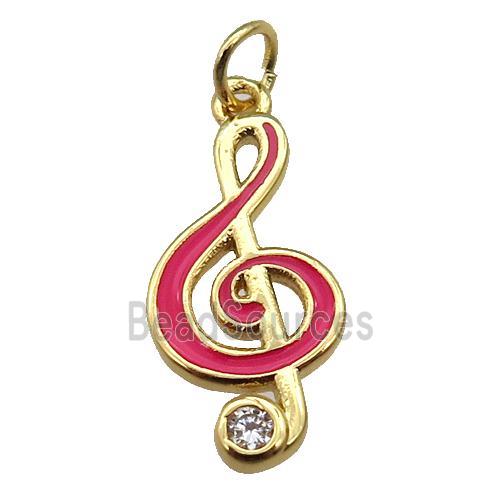 copper Treble Clef Musical Note pendant with hotpink enamel, gold plated