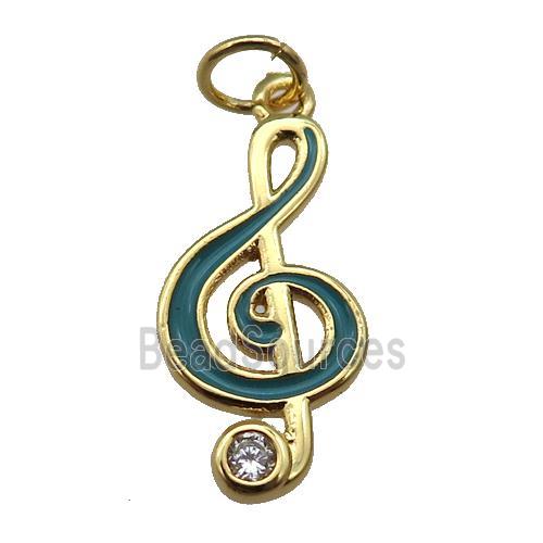 copper Treble Clef Musical Note pendant with teal enamel, gold plated