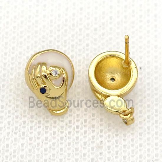 copper hand Stud Earring with white enamel, gold plated