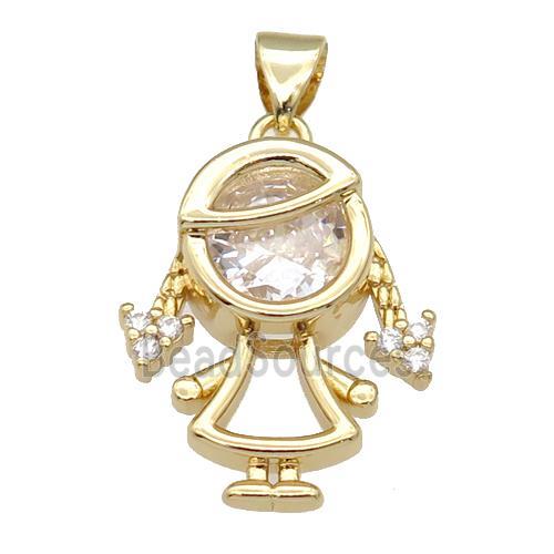 copper kid girl pendant pave zircon, gold plated