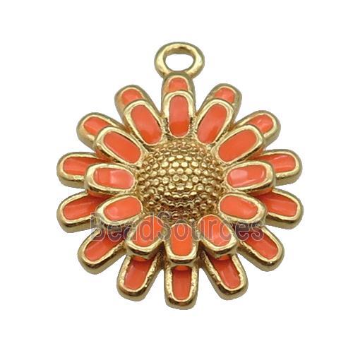 copper Sunflower pendant with orange enamel, gold plated