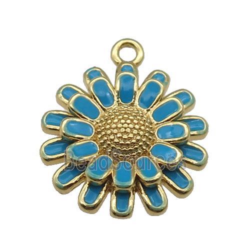 copper Sunflower pendant with blue enamel, gold plated