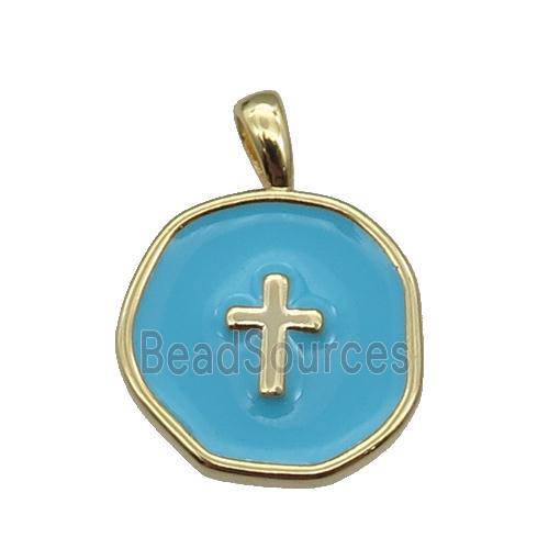 copper Circle pendant with teal enamel, cross, gold plated