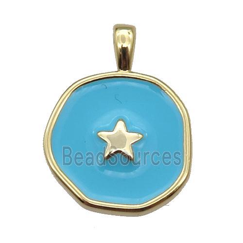 copper Circle pendant with teal enamel, star, gold plated