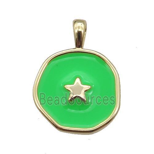 copper Circle pendant with green enamel, star, gold plated