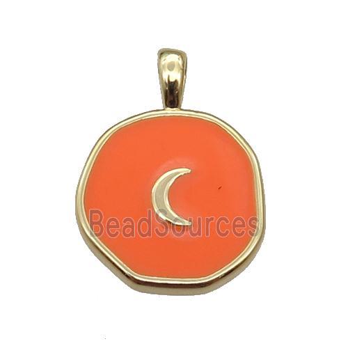 copper Circle pendant with orange enamel, moon, gold plated