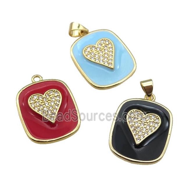 copper Rectangle paved zircon with enamel, heart, gold plated, mixed