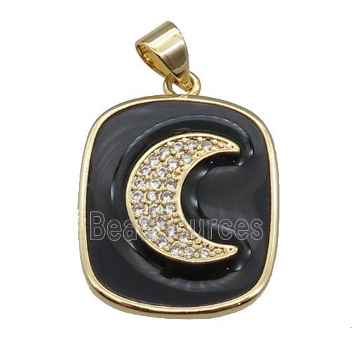 copper Rectangle paved zircon with black enamel, moon, gold plated