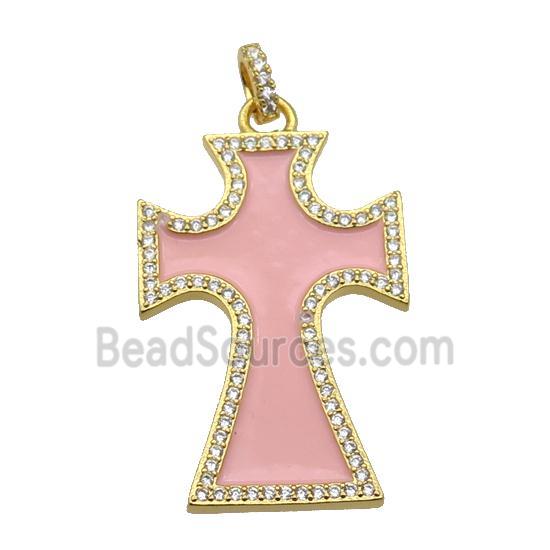 copper Cross pendant paved zircon with pink enamel, gold plated