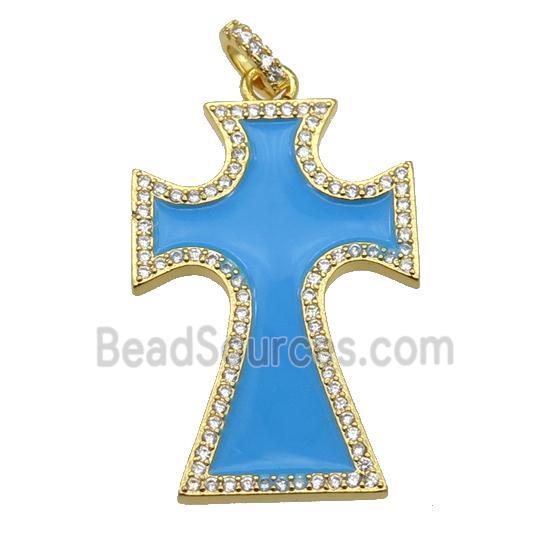 copper Cross pendant paved zircon with lt.blue enamel, gold plated