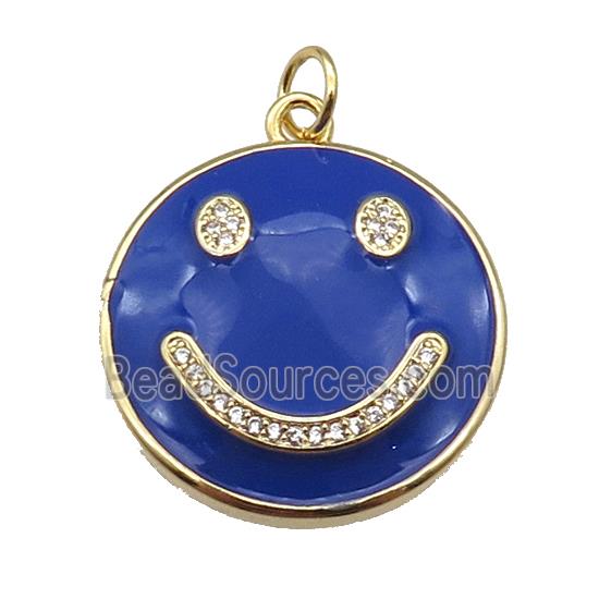 copper Emoji pendant paved zircon with blue enamel, happiness face, gold plated