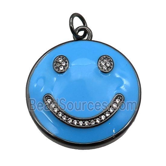 copper Emoji pendant paved zircon with blue enamel, happiness face, black plated