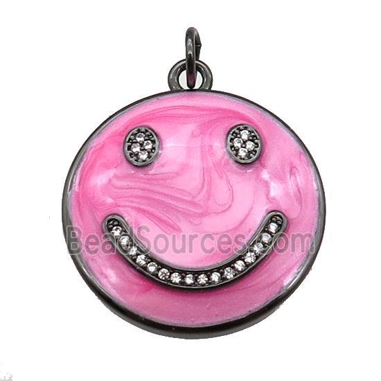 copper Emoji pendant paved zircon with pink enamel, happiness face, black plated