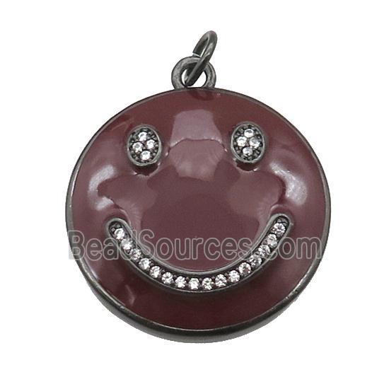 copper Emoji pendant paved zircon with darkred enamel, happiness face, black plated