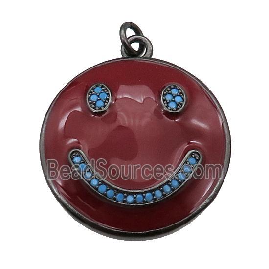 copper Emoji pendant paved zircon with red enamel, happiness face, black plated