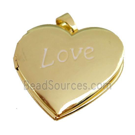 copper Heart Locket pendant with white enamel, LOVE, gold plated