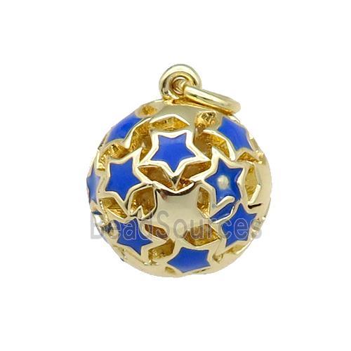 copper Ball pendant with blue enamel star, hollow, gold plated