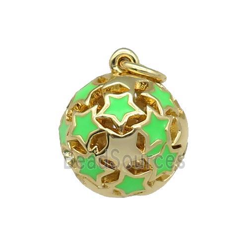 copper Ball pendant with green enamel star, hollow, gold plated