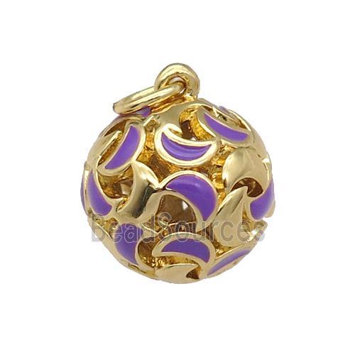 copper Ball pendant with purple enamel moon, hollow, gold plated