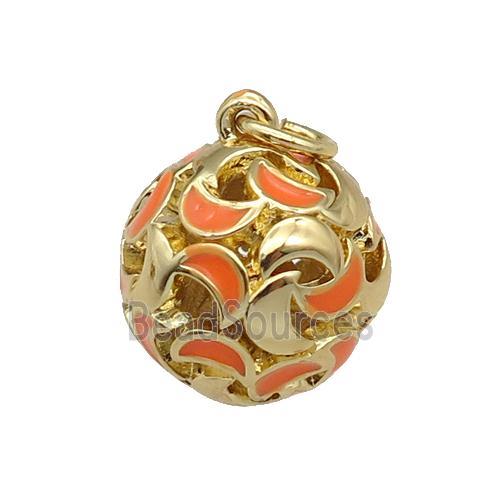 copper Ball pendant with orange enamel moon, hollow, gold plated