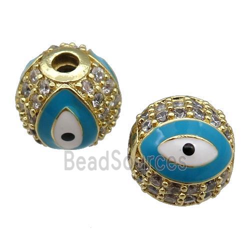 round copper Beads paved zircon with teal enamel Evil Eye, gold plated