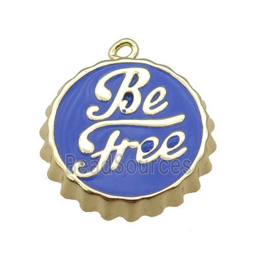 copper soda Bottle Cap pendant with blue enamel, Be Free, gold plated