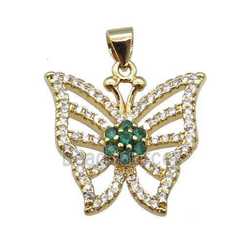 copper Butterfly pendant paved zircon, green, gold plated