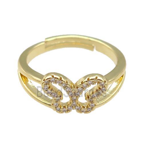 copper Rings paved zircon, butterfly, adjustable, gold plated