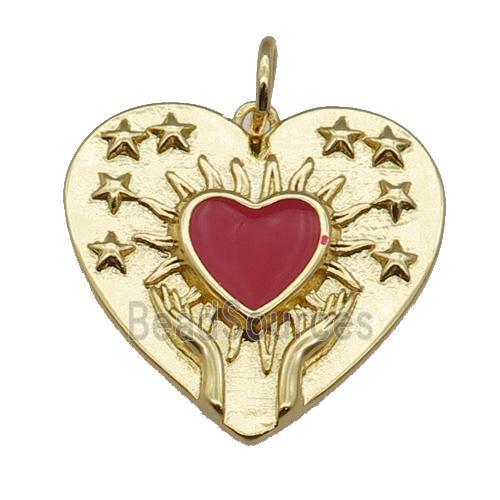 copper Heart pendant, red enamel, gold plated