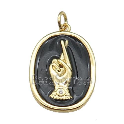 copper oval pendant with black enamel, hand, gold plated