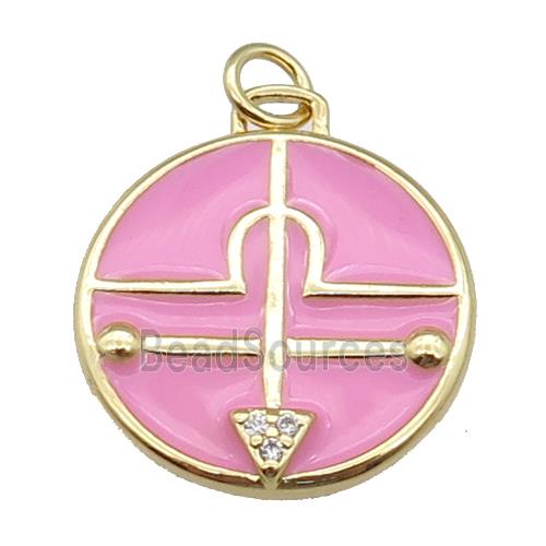 copper circle pendant with pink enamel, gold plated